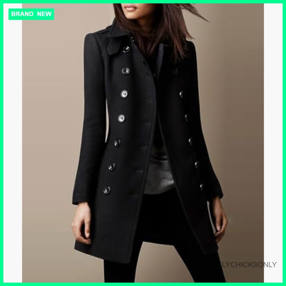 Women's Wool Blend Pea Coat Double Breasted Winter Trench - Picture 2 of 2